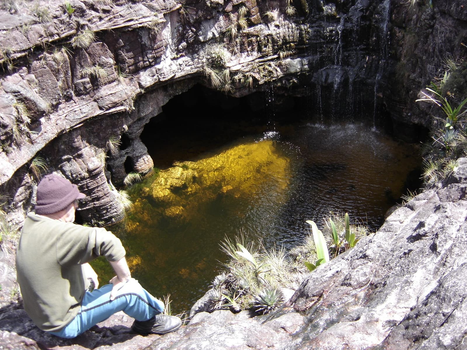 A pool like this makes you forget you still have kilometres to go. A hiker in a beanie and fleece sits at the edge of a circular rocky plunge pool fed by a thin waterfall, its amber-tinted water glowing gold where sunlight catches the algae-covered floor, surrounded by tepui rock walls and wild bromeliads during a mount roraima expedition