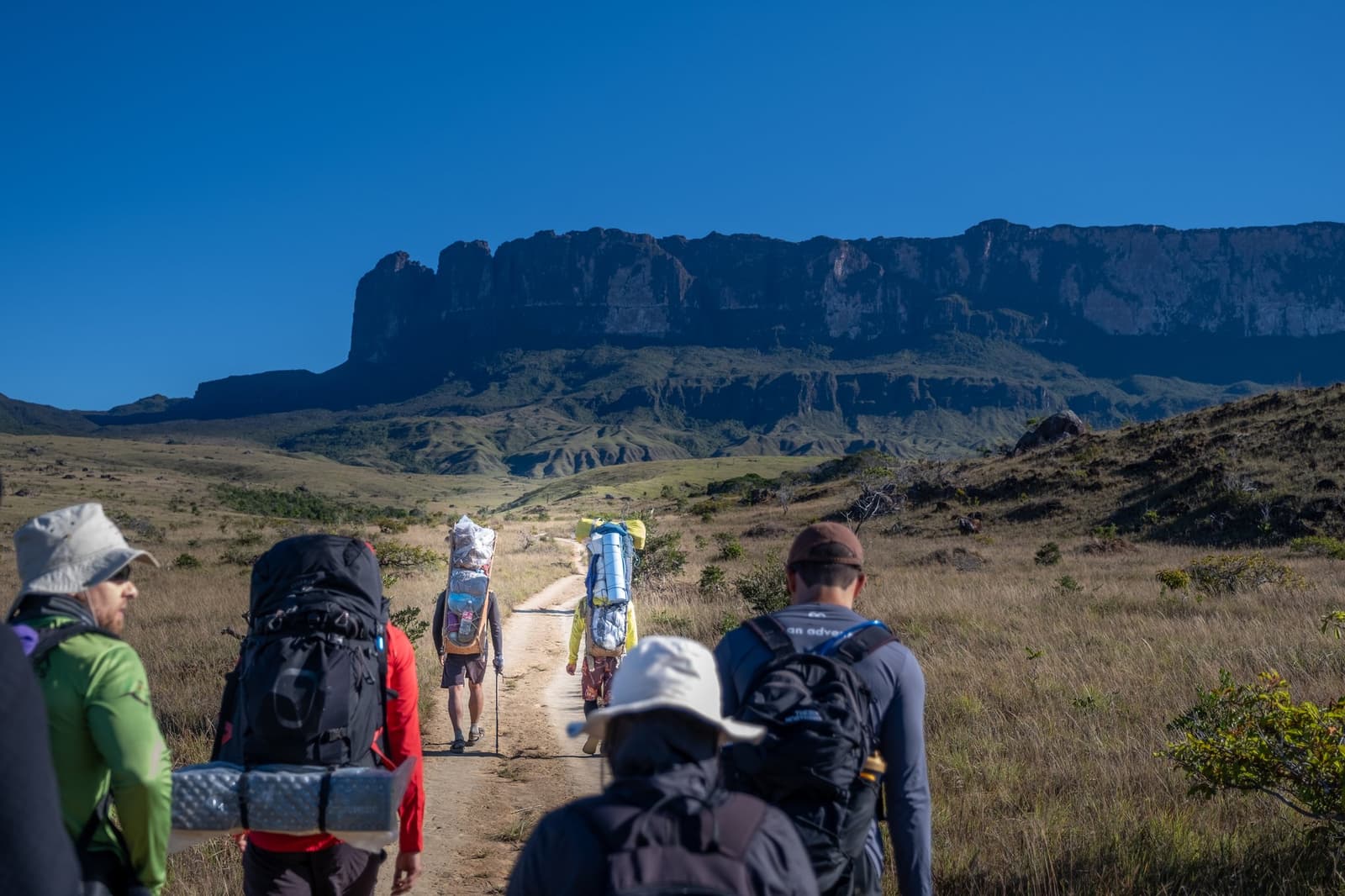 Packs loaded, the tepui filling the horizon. Good morning, Roraima. A group of hikers with heavy backpacks walking a dirt trail toward the towering flat-topped cliffs of Mount Roraima on a mount roraima expedition, under a deep blue sky across open Gran Sabana grassland