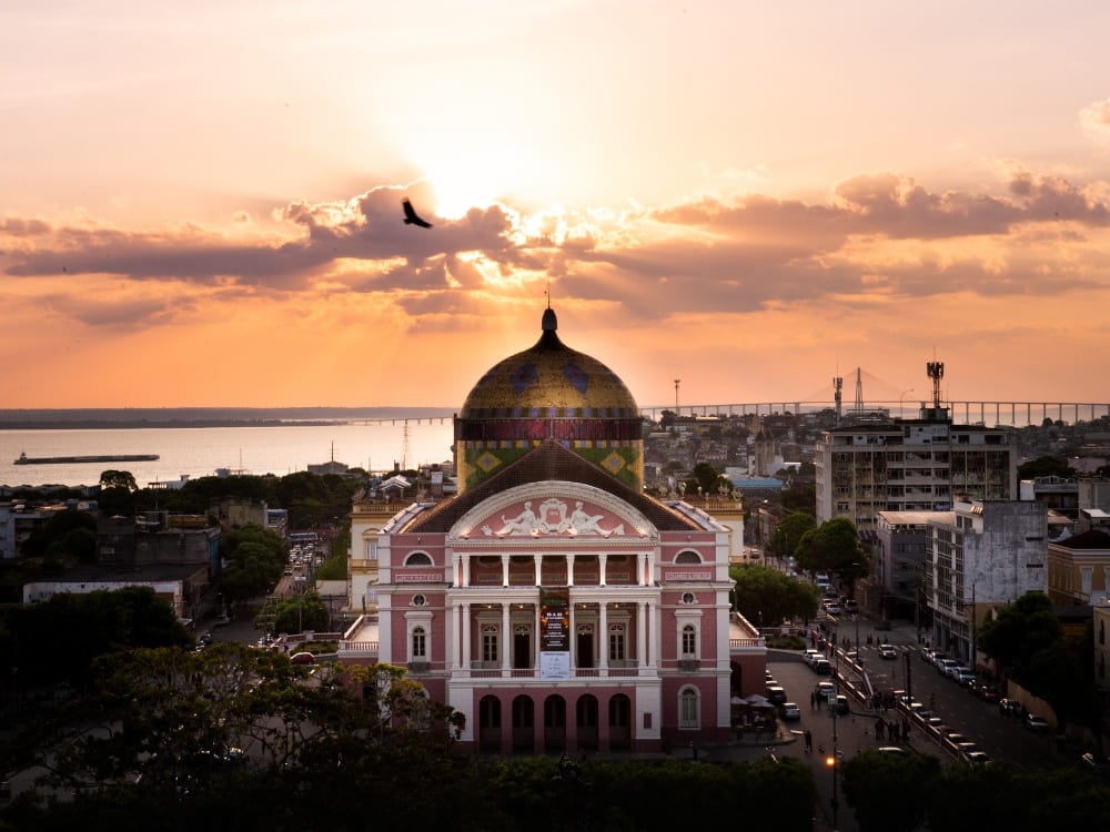 Photo: Rafael Zart Teatro Amazonas opera house at sunset in Manaus, the gateway city to the Brazilian Amazon
