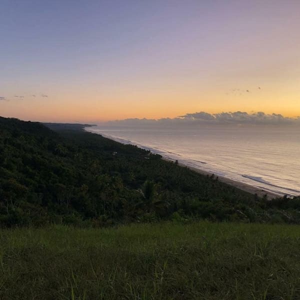 A sweeping view of a dark, forested coastline and ocean beach under a colorful sunset sky.