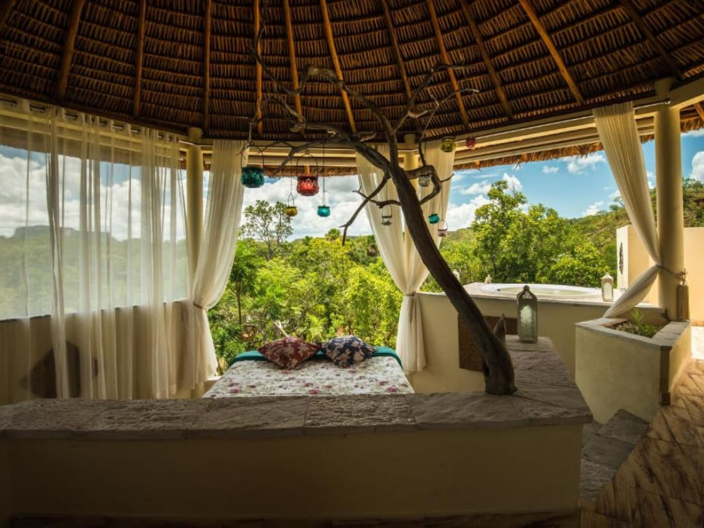 Inside a rustic eco-friendly treehouse with a thatched roof and scenic forest view.
