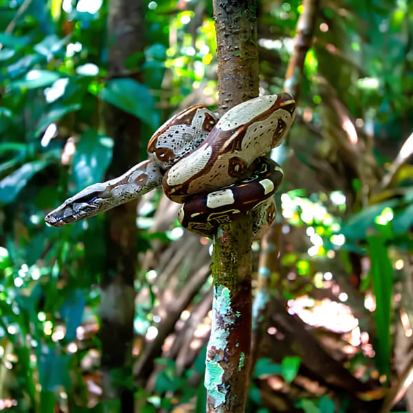 A boa constrictor snake with brown and grey patterns tightly coiled around a thin tree branch in a lush, green forest.