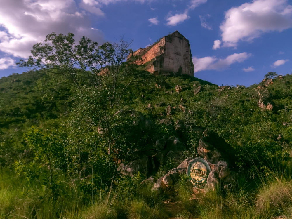 The impressive geological rock formation of Morro da Catedral rises above the vegetation in Jalapão State Park.