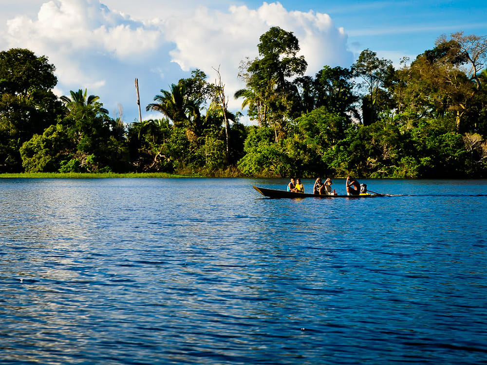 Canoë motorisé sur le fleuve au cœur de l'Amazonie