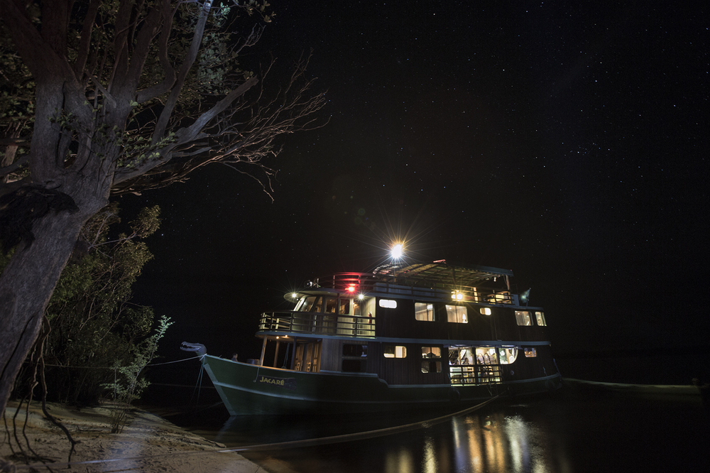 Cruiseschip aan de kust bij nacht