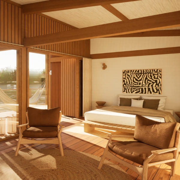 The interior of a Cordilheira bungalow featuring a large bed, modern chairs, and floor-to-ceiling windows.