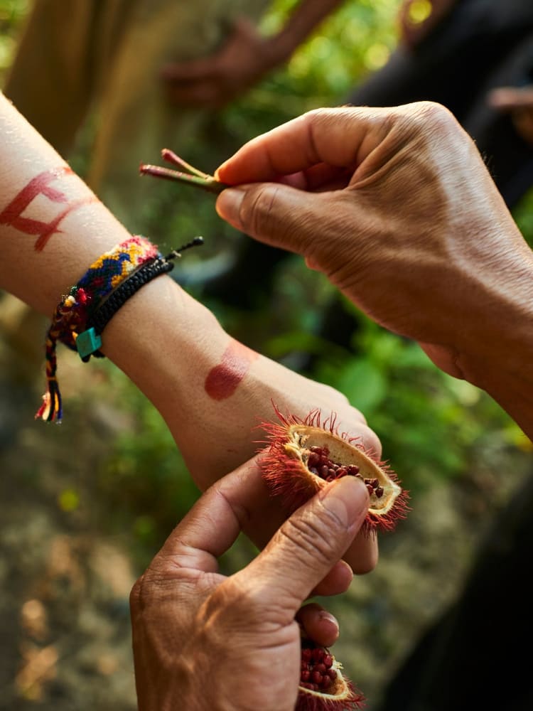A local guide applying traditional red body paint to a traveler's arm using natural seeds.