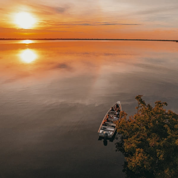 A small tour boat carrying passengers floats near a tree on a calm river during a vibrant, bright orange sunset.