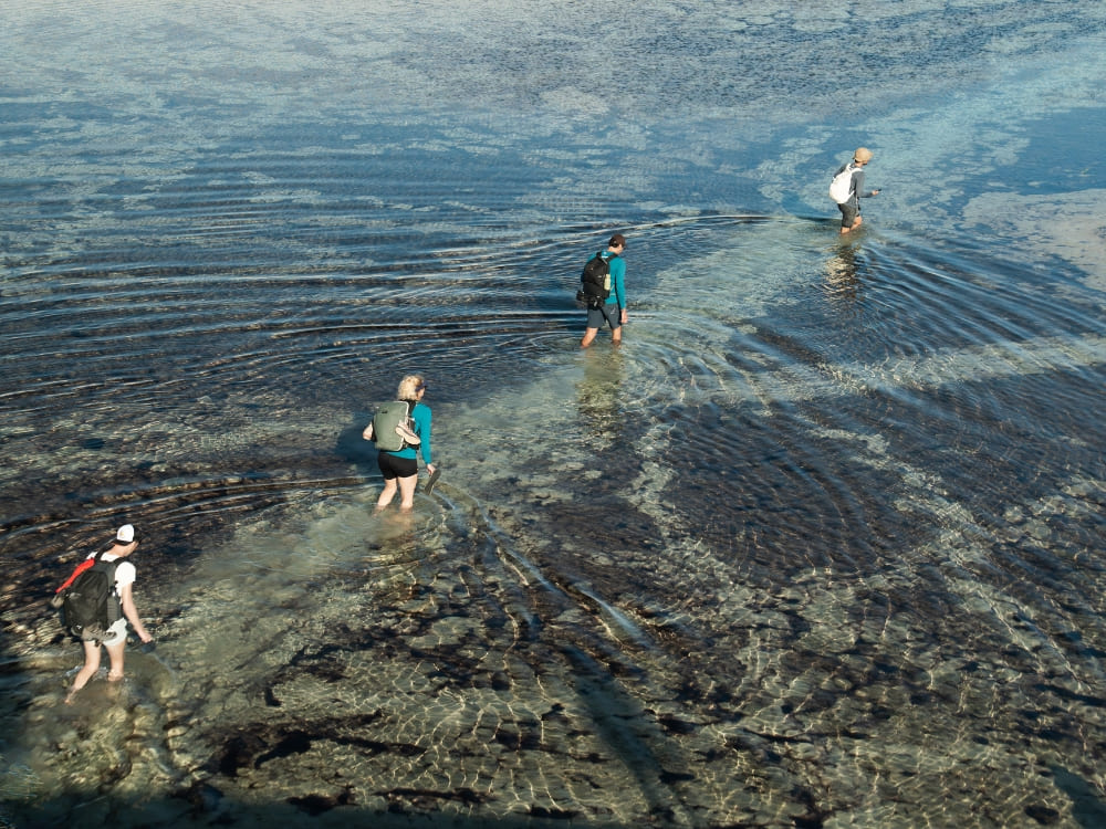 Un groupe de voyageurs traverse à pied une lagune peu profonde dans le Parc national des Lençóis Maranhenses.
