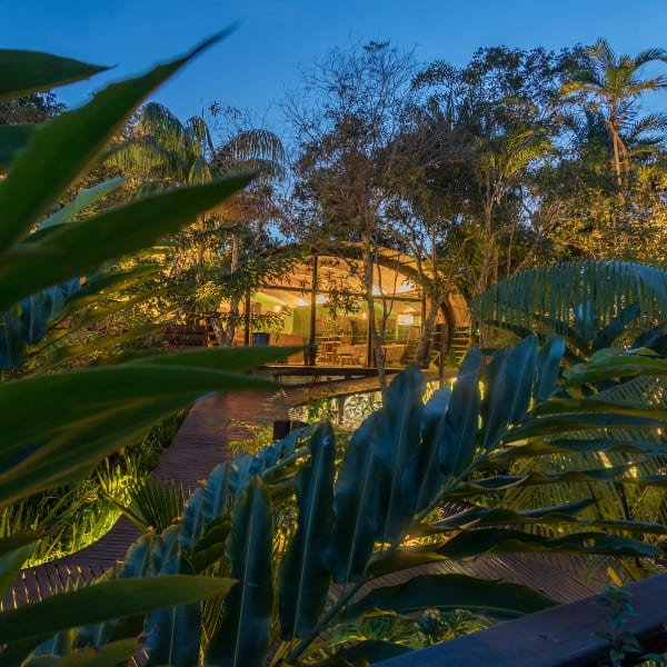 Illuminated curved wooden structures at Mirante do Gavião lodge integrated into the Amazon rainforest at night.