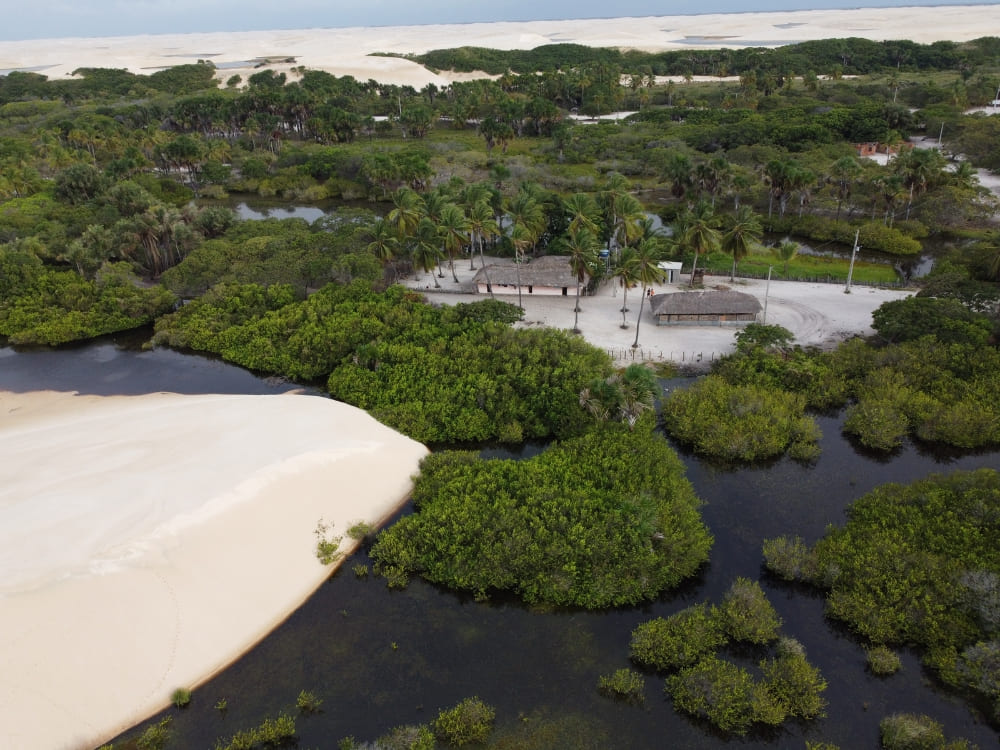 Small houses surrounded by lush native vegetation and inactive sand dunes in Lençóis Maranhenses.