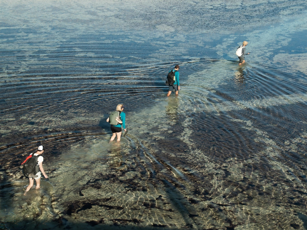 A guided group of travelers hiking through shallow water in the endless sand dunes on a Lençóis Maranhenses tour.