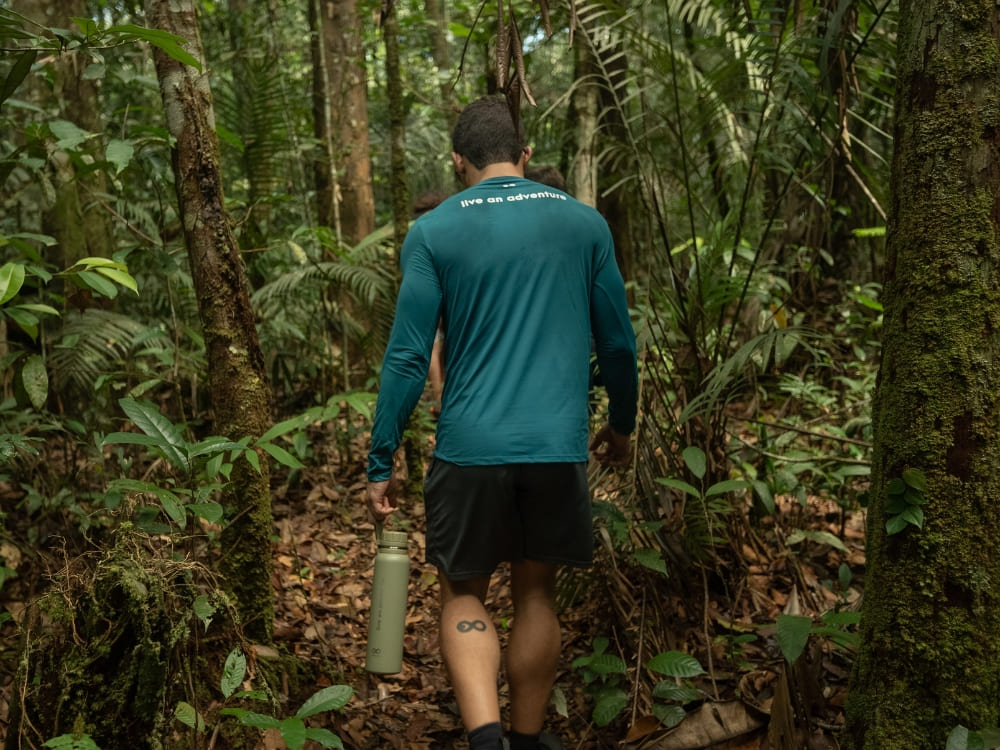 A traveler hikes through the dense green jungle, experiencing ecotourism in the Amazon firsthand. 