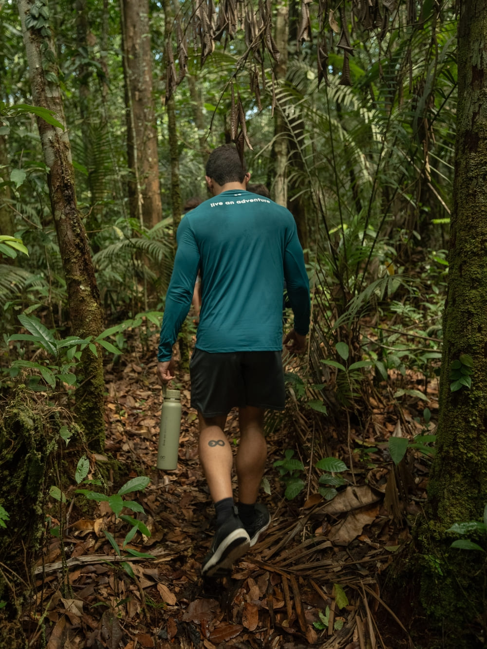 A traveler hiking along a forest trail surrounded by tall trees in the Amazon Rainforest, a typical dry season activity.