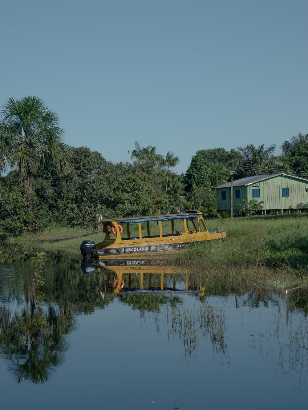 A yellow school boat rests on a calm river reflecting the surrounding palm trees, next to a green wooden house on stilts.
