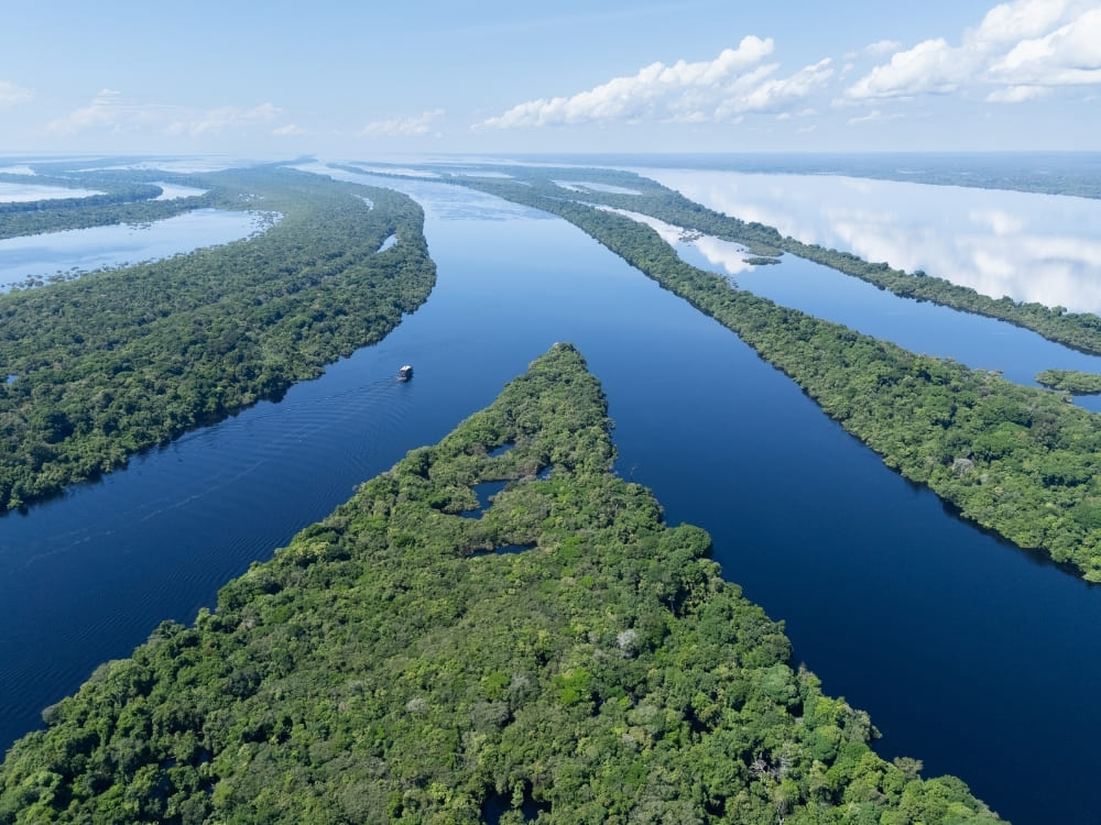 An aerial view shows a wide, deep blue river winding through a vast, dense green tropical rainforest under a blue sky.