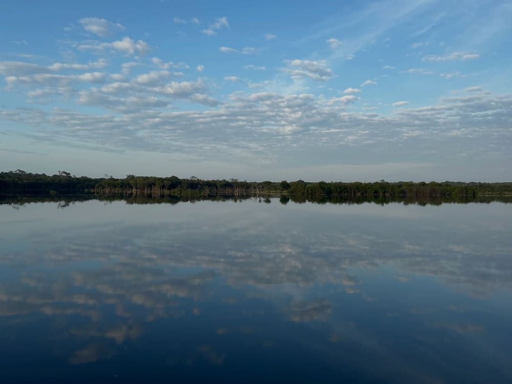 The calm, dark waters of the Rio Negro perfectly reflect the vast blue sky and the distant tree line of the Amazon rainforest.