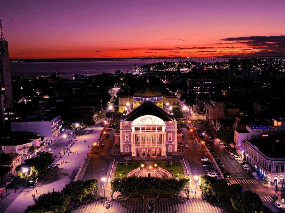 Aerial night view of the historic illuminated Amazon Theatre in downtown Manaus erial night view of the historic illuminated Amazon Theatre in downtown Manaus.