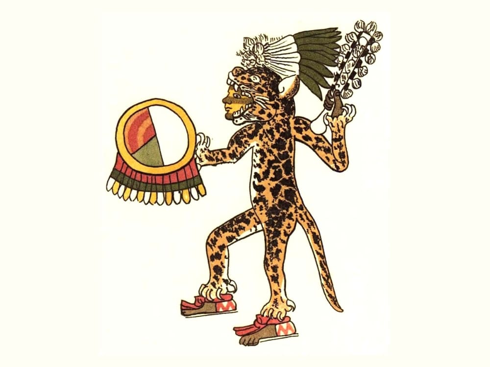 A historical Mesoamerican illustration depicting a figure dressed as a jaguar warrior with a shield and headdress. A historical Mesoamerican illustration depicting a figure dressed as a jaguar warrior with a shield and headdress.