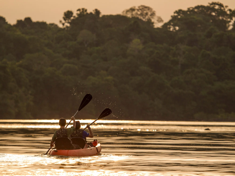 Two people paddling a kayak on the Amazon River during a golden sunset.