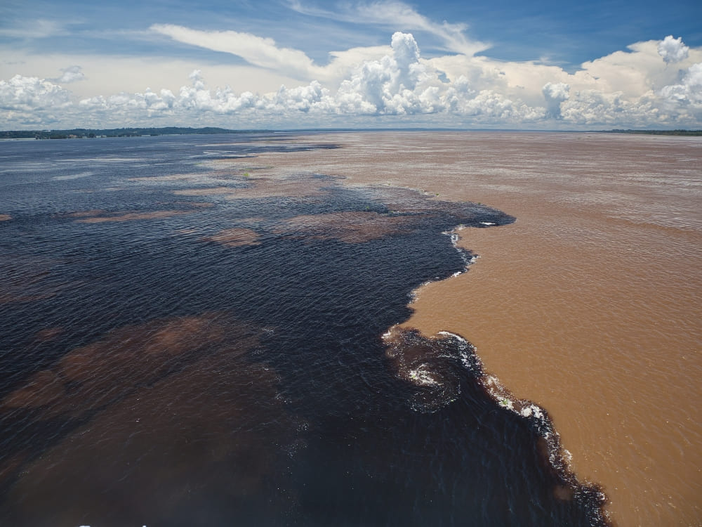Aerial view of the Meeting of the Waters where the dark Rio Negro flows alongside the muddy Solimões River without mixing.