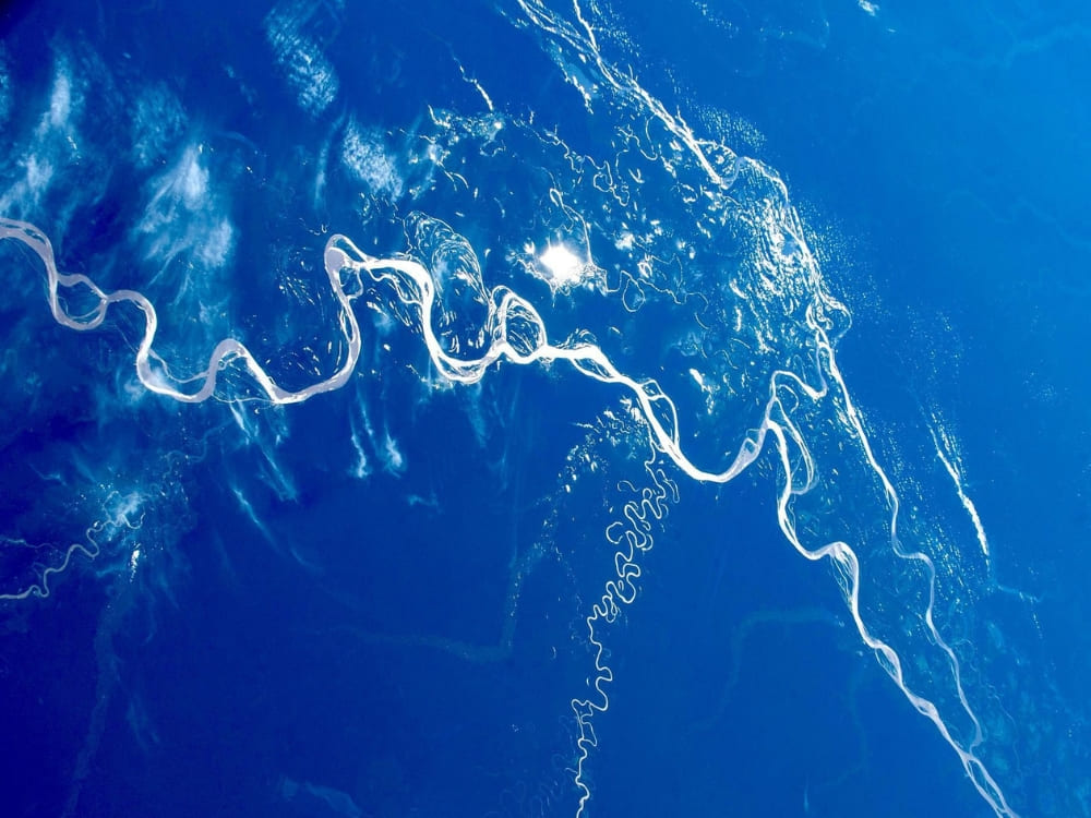 Satellite view from space showing the extensive winding path of the Amazon River.