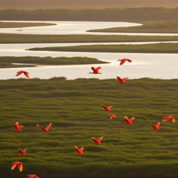 A flock of bright red ibises flying over lush green wetlands and winding rivers during the late afternoon in the Delta do Parnaiba.