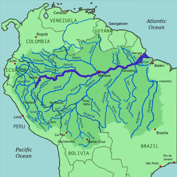 Map of South America highlighting the Amazon River Basin and its main tributaries across the continent.